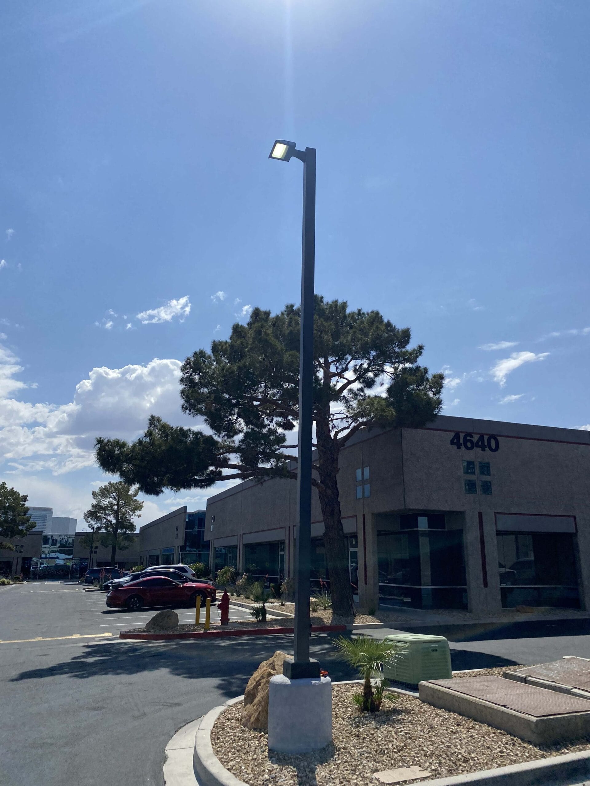 Modern LED parking lot light mounted on tall black pole with tree and commercial building numbered 4640 in background