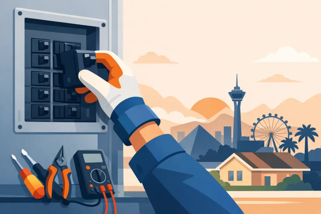 Electrician in work gear adjusting an electrical panel with tools nearby and cityscape in background.