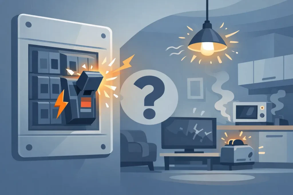 Electrical panel with circuit breaker sparking next to question mark, representing home electrical troubleshooting and service.