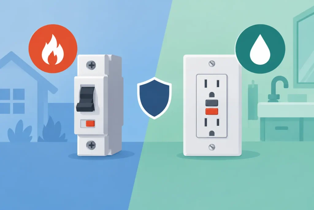 Illustration of home electrical safety: fire hazard on the left and a protected outlet on the right with a shield icon and water drop centered between.