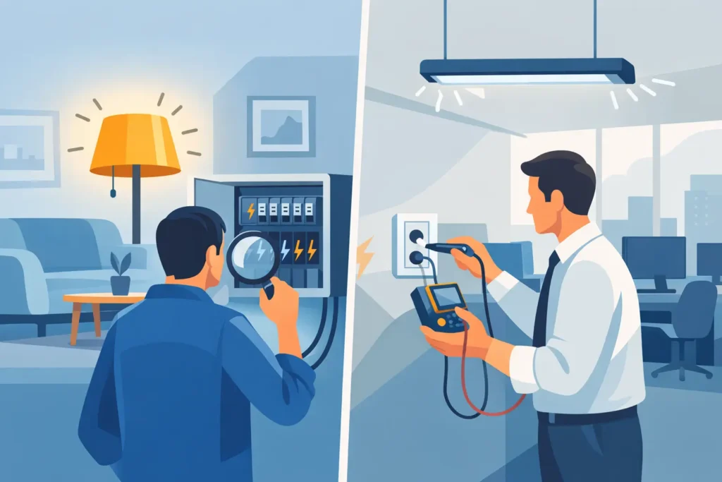 Two technicians performing electrical testing: one inspects a panel with a magnifying glass, the other uses a multimeter at a wall outlet in an office.