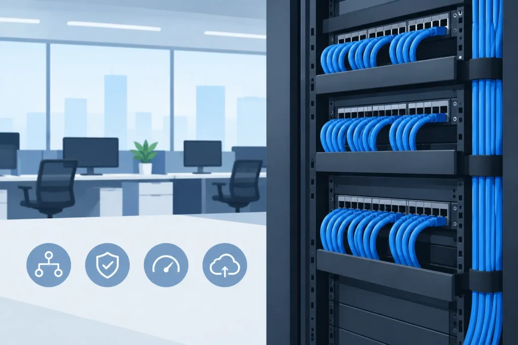 Server rack with neatly organized blue network cables in a data center; office area visible in the background.