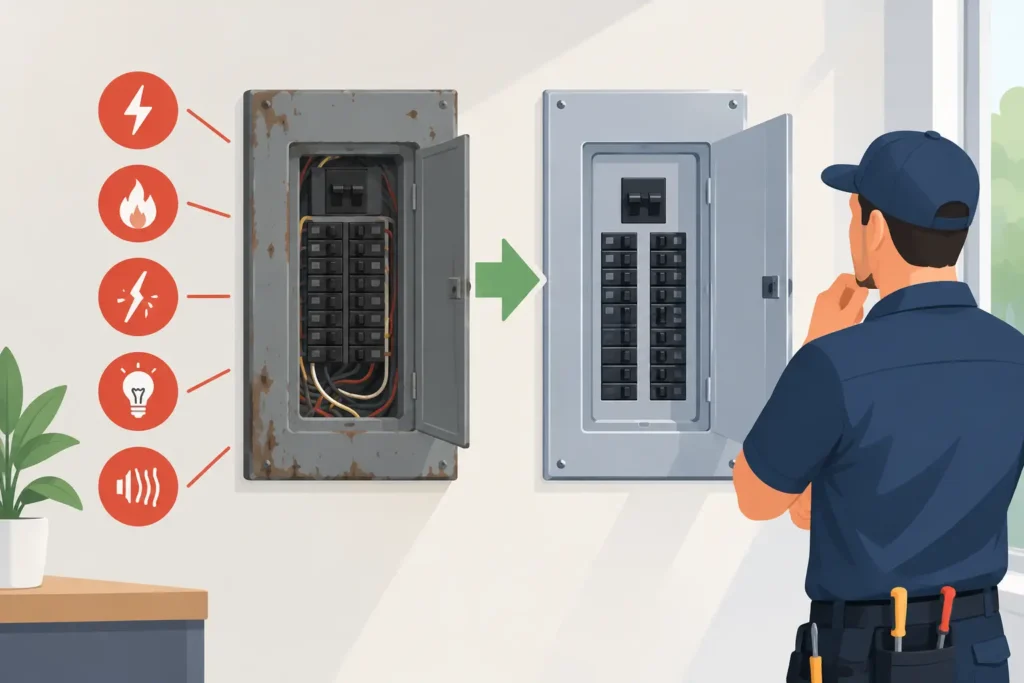 Old rusty electrical panel being replaced by a modern panel, with a worker observing the change.